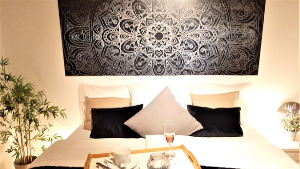 A neatly made bed with a tray of breakfast items, a large decorative wall piece, and a potted plant. - Bungalow directly at the lake, with own boat (Neubäu / Roding)
