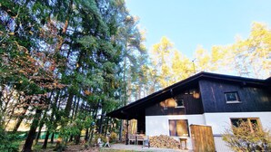 A modern two-story cabin with a black and white exterior, surrounded by a forested area. - Bungalow directly at the lake, with own boat (Neubäu / Roding)