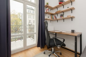 Desk, bed sheets