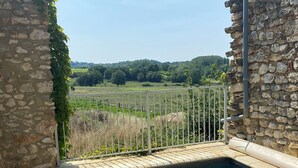 Una piscina de piedra con vista despejada a un jardín cercado y colinas distantes.