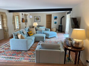 Smart TV, chimenea y libros 
