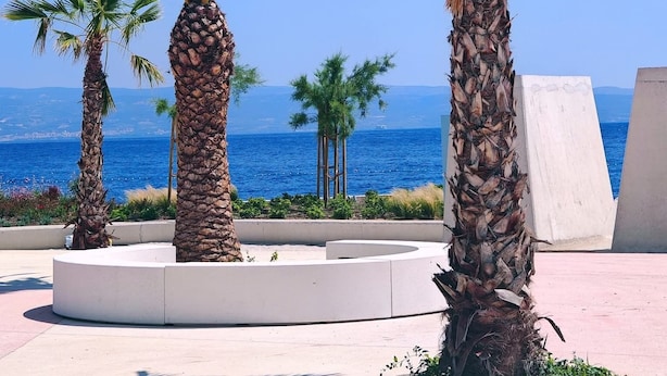 Eine Uferpromenade mit Palmen und Blick auf das Meer.