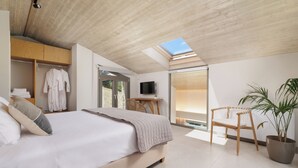 Una camera da letto moderna con un letto, una TV, un lucernario, una poltrona e una pianta in vaso.