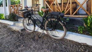 Un vélo est garé devant un bâtiment doté d’un porche, d’une clôture en bois et d’un jardin.