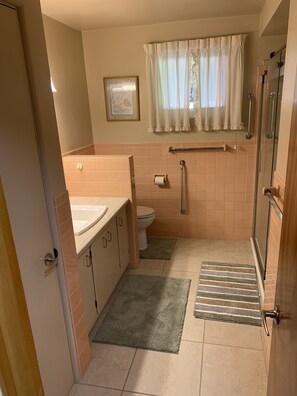 Douche, séchoir à cheveux, serviettes fournies, savon