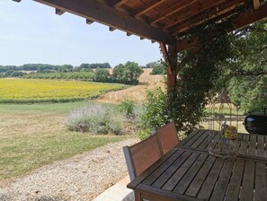 Outdoor dining - Traditional 2 Bedroom Stone Cottage, Wifi & Pool in SW France (Douzains)