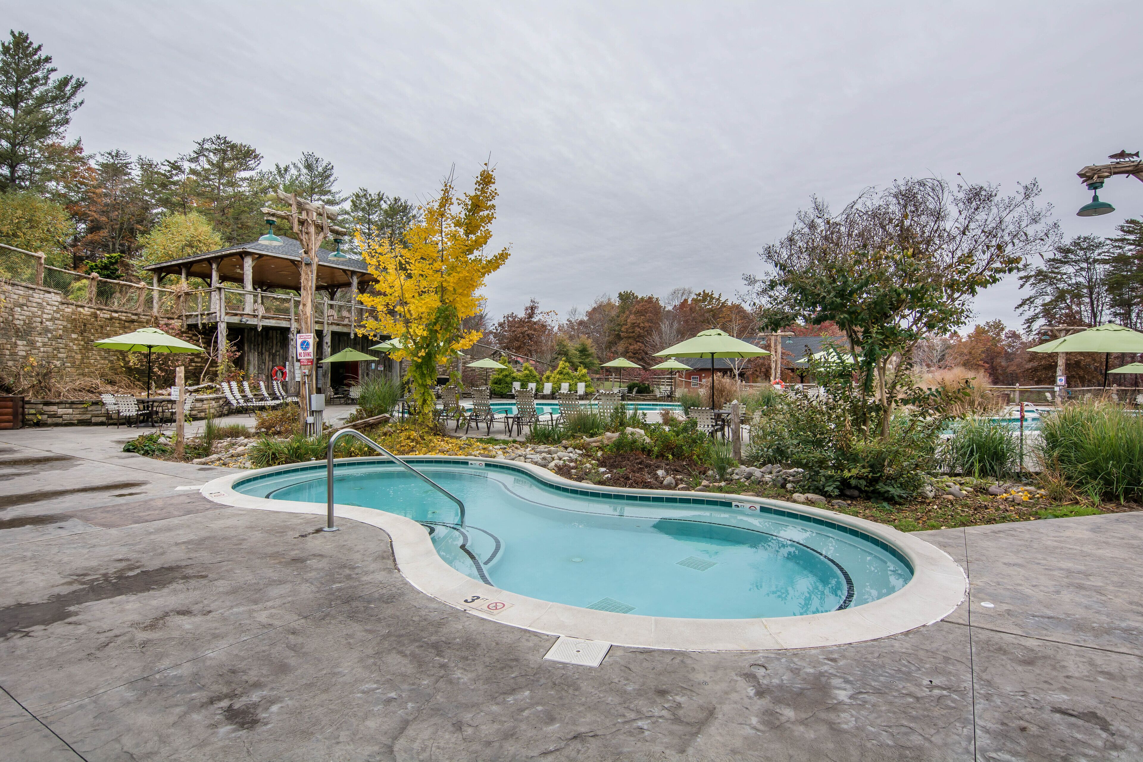 A swimming pool with lounge chairs and umbrellas, surrounded by trees and a wooden structure.