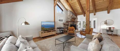 House, Multiple Beds, Patio, Mountain View (Bright & Modern Cabin) | Living area | 50-inch flat-screen TV with digital channels, fireplace