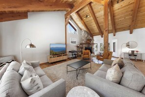 House, Multiple Beds, Patio, Mountain View (Bright & Modern Cabin) | Living area | 50-inch flat-screen TV with digital channels, fireplace - Bright & Modern Cabin Luxury Home in Carnelian Bay! (Carnelian Bay)