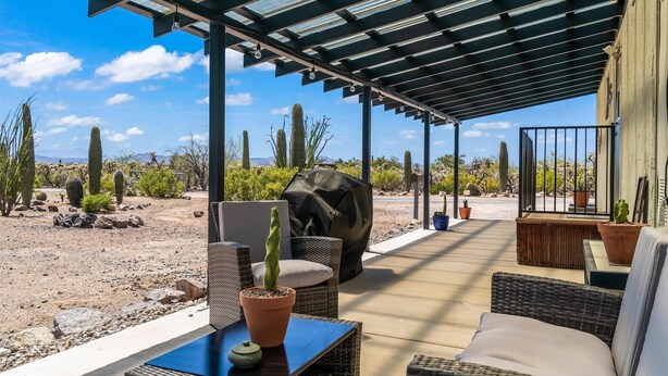 A covered patio with wicker furniture, a cactus planter, and a grill. - Cosy Desert Hideaway (Tucson)
