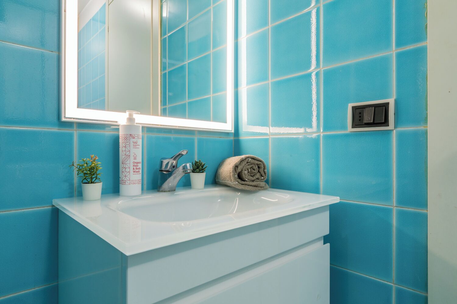 Een badkamer met een witte wastafel, een spiegel, een potplant, een handdoek en een fles biologische haar- en bodywash.