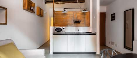 Apartment | Private kitchen | Full-sized fridge, microwave, stovetop, espresso maker