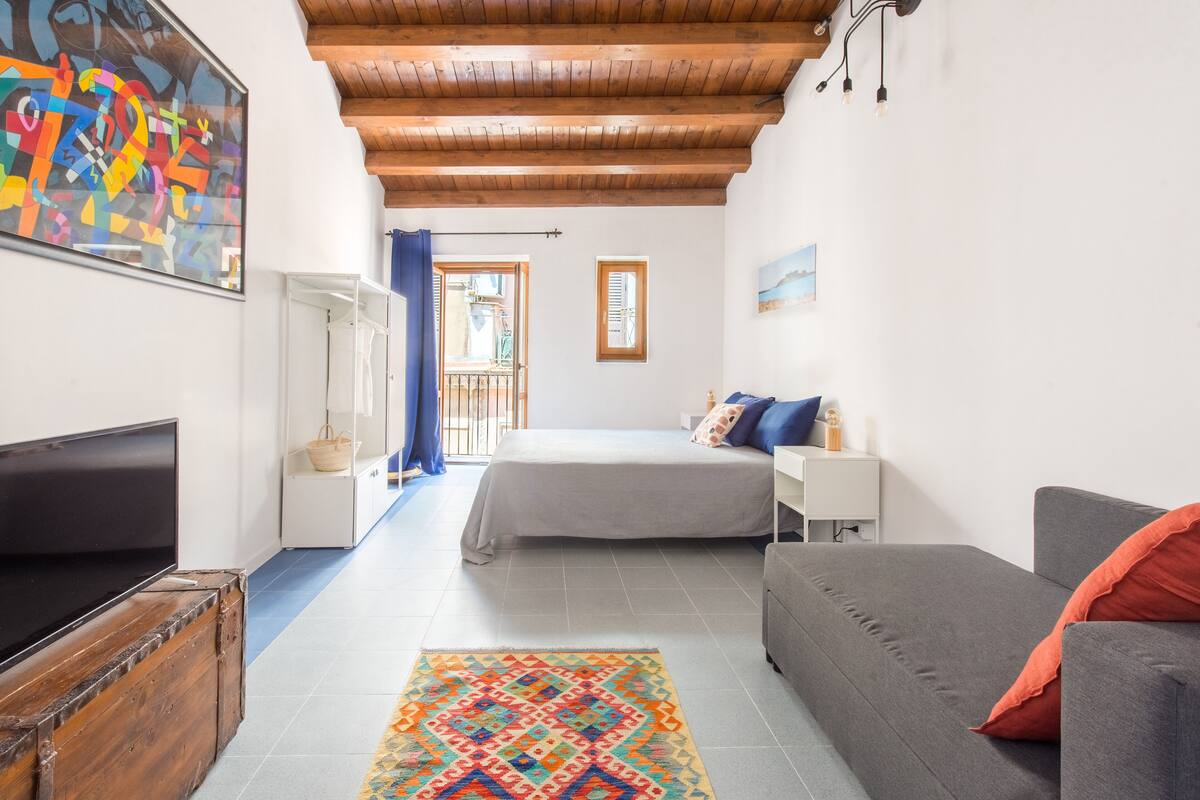 A bedroom with a bed, a gray sofa, a TV, and a colorful rug.