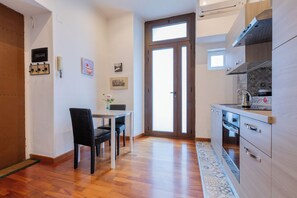Apartment | Private kitchen | Full-size fridge, microwave, stovetop, electric kettle