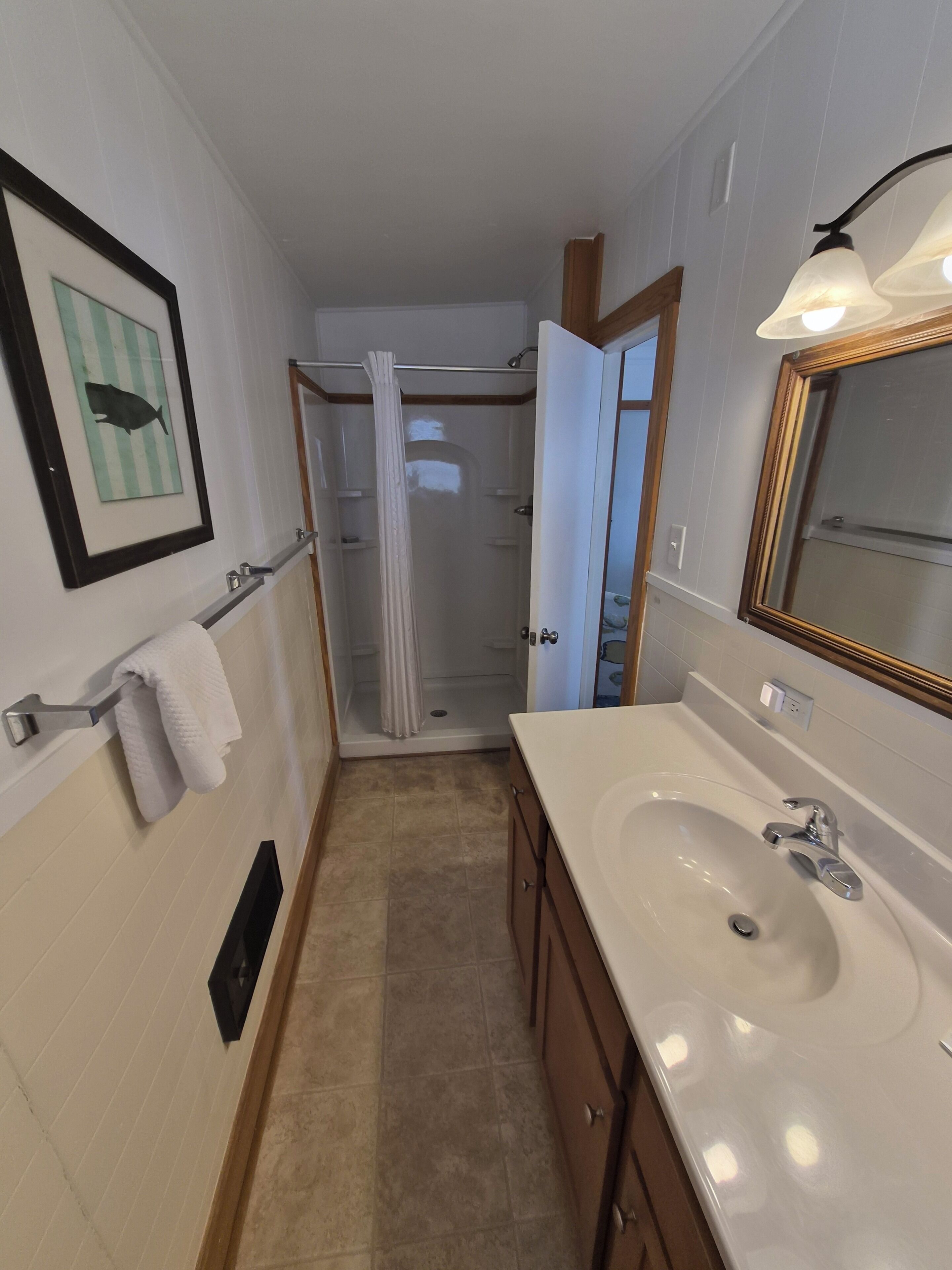 A bathroom with a sink, mirror, shower, and a framed picture on the wall.