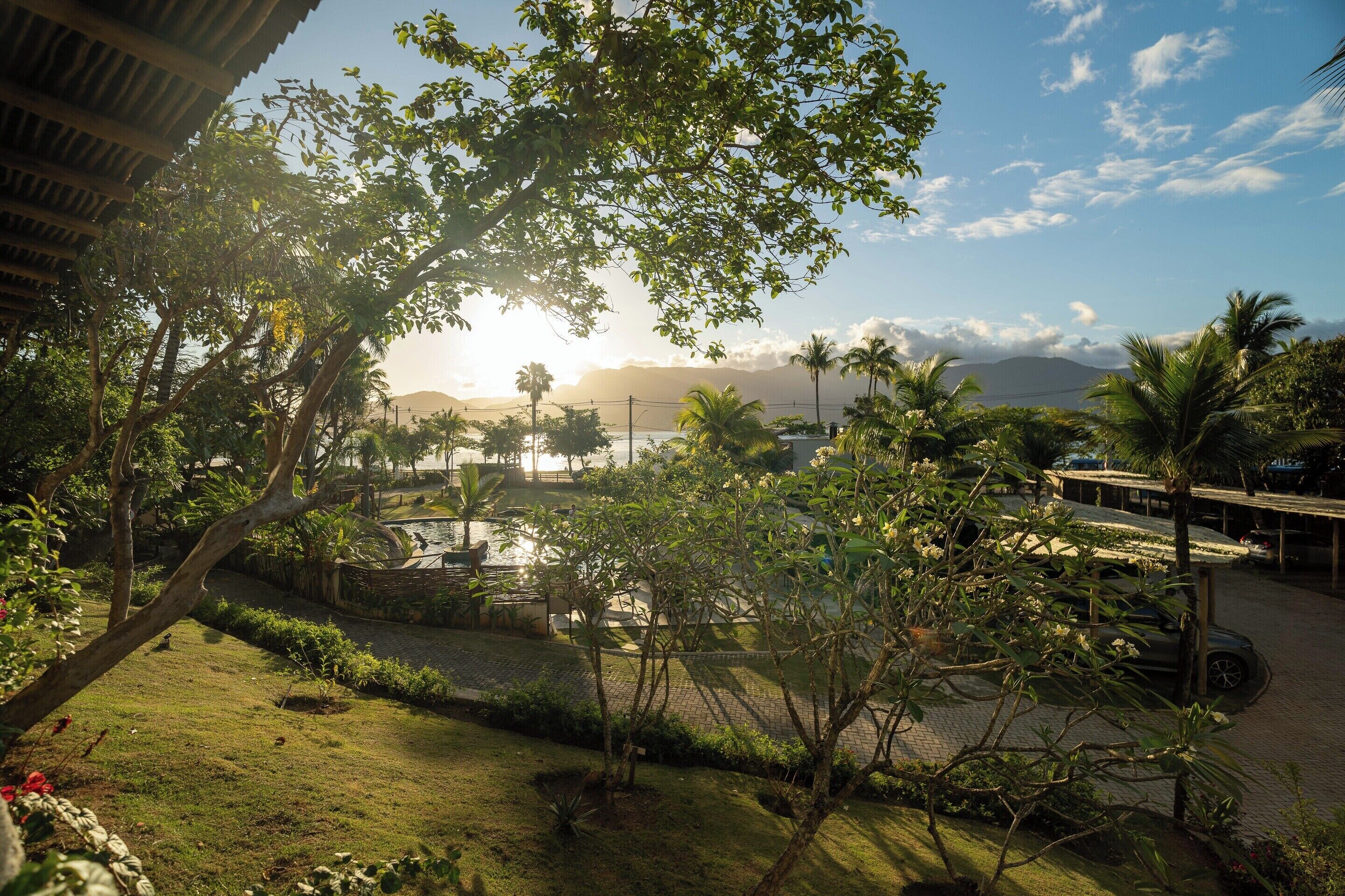 A landscaped garden with palm trees, a water feature, and a view of distant mountains.