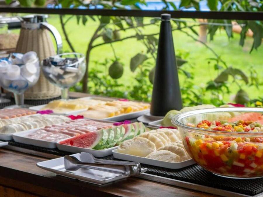 Taula de buffet amb diferents aliments i vista despejada al verdor exterior.