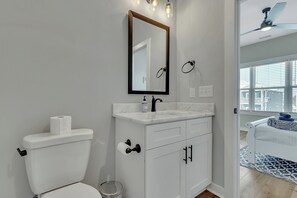 Hair dryer, towels, soap, shampoo