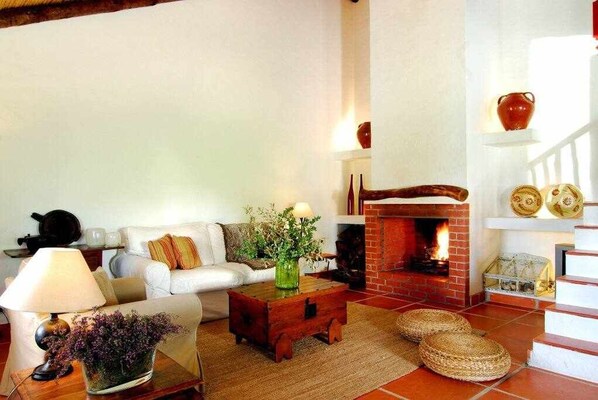 A cozy living room with a fireplace, a sofa, a coffee table, and decorative items. - Rabbit House (Azerveira)