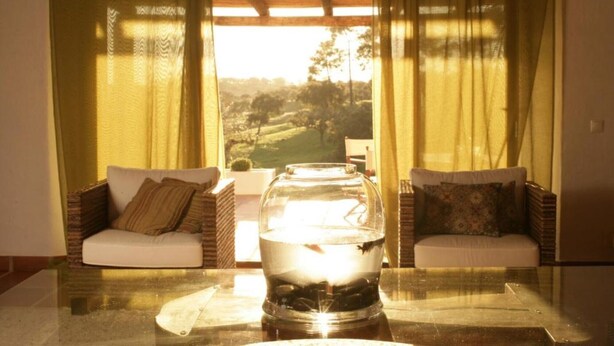 A room with two sofas facing a large window with a view of a landscape. A glass table with a fish bowl in the center is visible. - Partridge House (Coruche)
