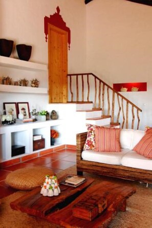 TV, fireplace, books