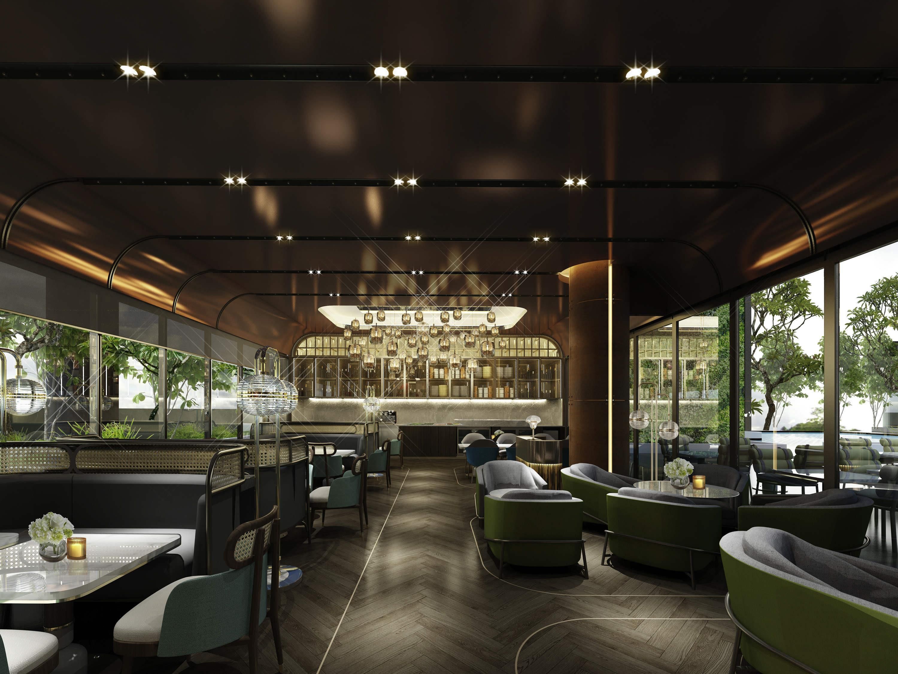 A modern restaurant with a bar area, seating, and large windows.