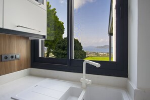 A modern kitchen with a white countertop, a built-in sink, and a window offering a view of a green landscape and distant mountains.