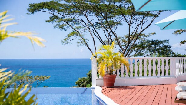 A poolside area with a view of the ocean, a white fence, and a potted plant. - Nettle Point Retreat | Stay in Beautiful Grenada | Scenic Victoria Views (Victoria)