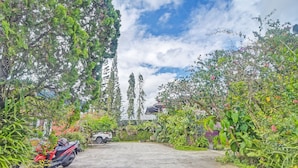 A paved courtyard with a parked motorcycle, surrounded by dense greenery and tall trees. - SPOT ON 92278 Hotel Vorel (Tondano)