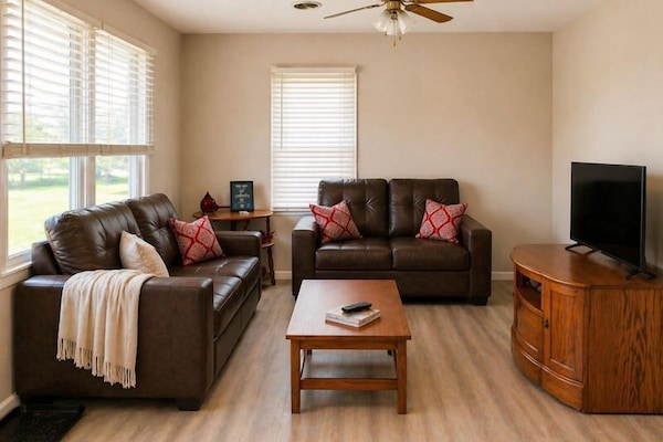 Bright, comfortable living room with seating for relaxing together
