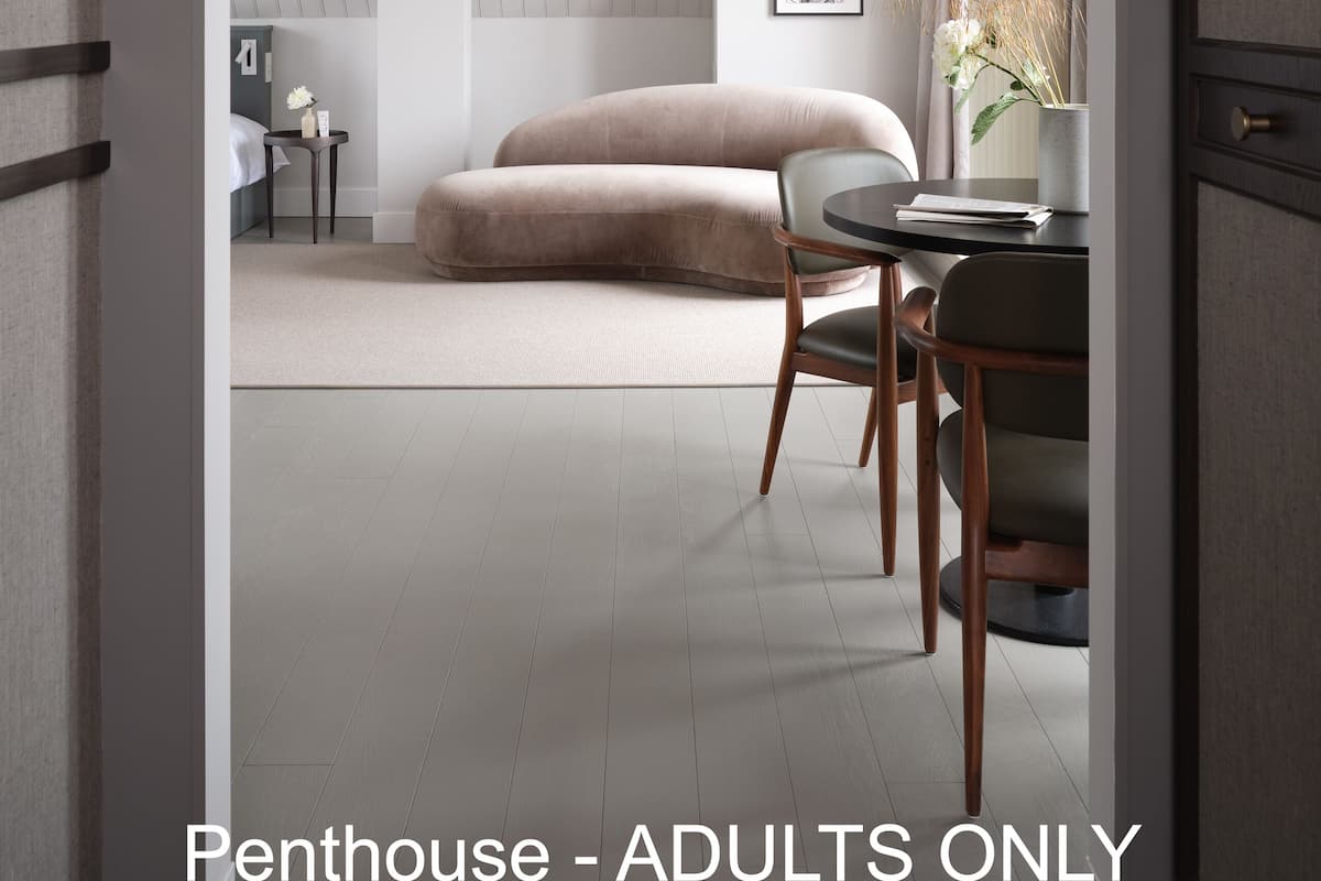 Ein modernes Penthouse im minimalistischen Stil mit Sofa, Esstisch und einem gerahmten Kunstwerk an der Wand.