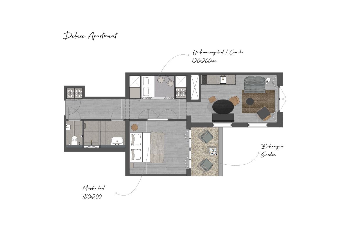 Distribución de un apartamento de lujo con cama principal (180x200 cm), cama abatible/sofá (120x200 cm) y balcón o jardín.