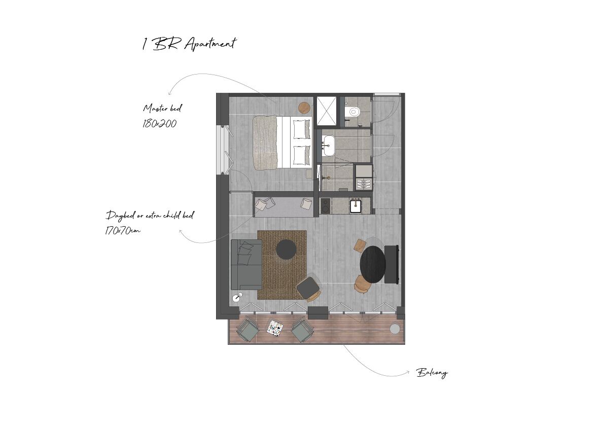 A 1 BR apartment layout with a master bedroom (180x200 cm), a daybed or extra child bed (170x170 cm), and a balcony.