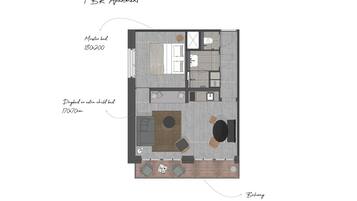 A 1 BR apartment layout with a master bedroom (180x200 cm), a daybed or extra child bed (170x170 cm), and a balcony.
