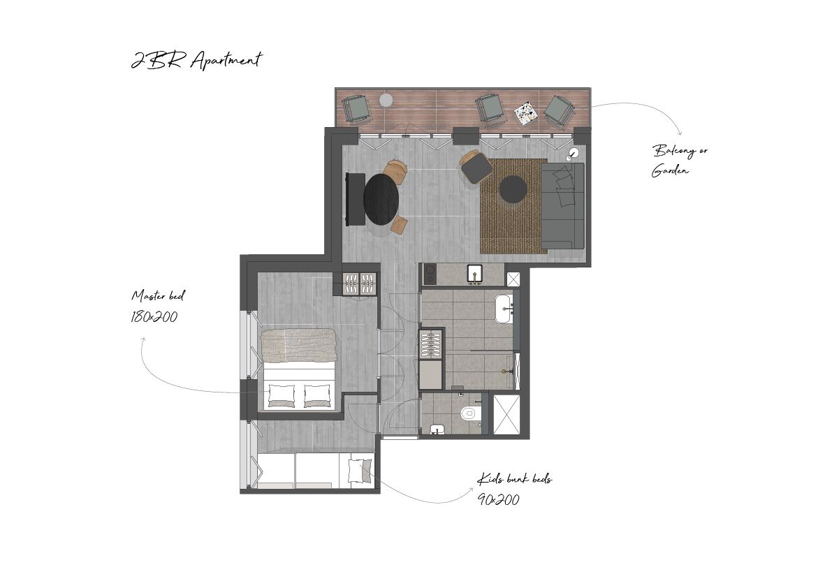 Un appartement de type T2 avec une chambre principale (180x200), deux chambres d'enfants (90x200), un espace de vie et un balcon ou un jardin.