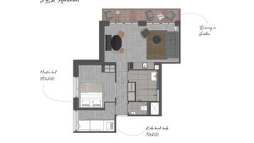 Un appartement de type T2 avec une chambre principale (180x200), deux chambres d'enfants (90x200), un espace de vie et un balcon ou un jardin.