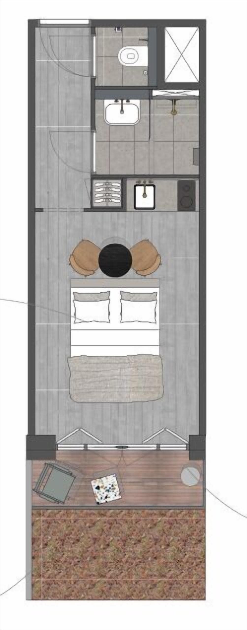 Plano de un cuarto de hotel con cama, una zona de descanso pequeña, baño y kitchenette.