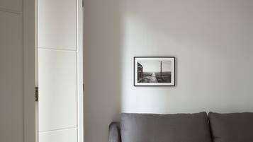 A modern living room with a grey sofa, a framed picture on the wall, and a white door.