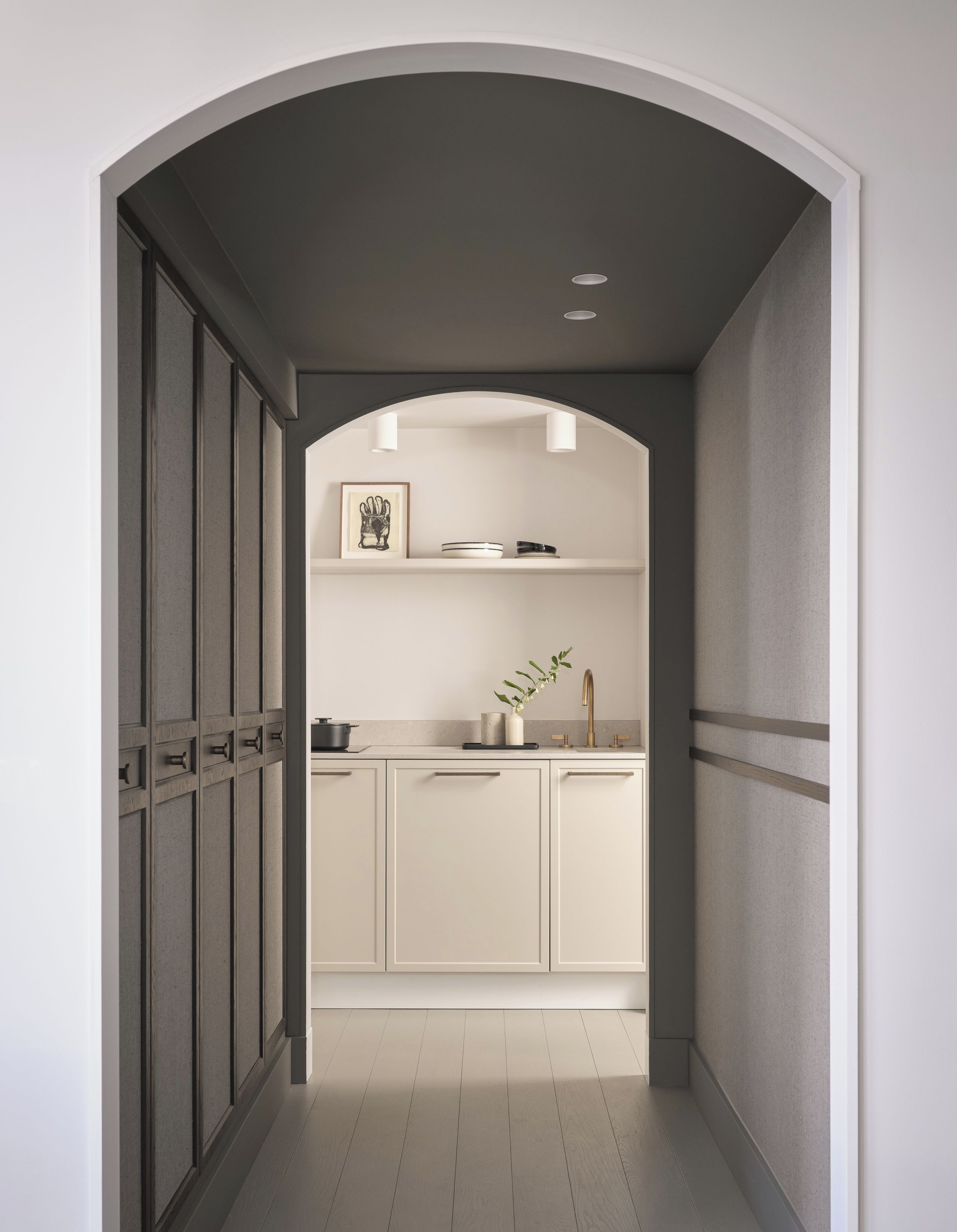A narrow hallway leading to a kitchen with white cabinets, a sink, and a countertop with a plant and a framed picture.
