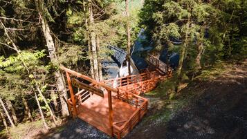 A wooden staircase leading to a cabin in a forested area.