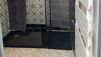 Un baño con ducha, barra para toallas y estante con artículos de aseo.