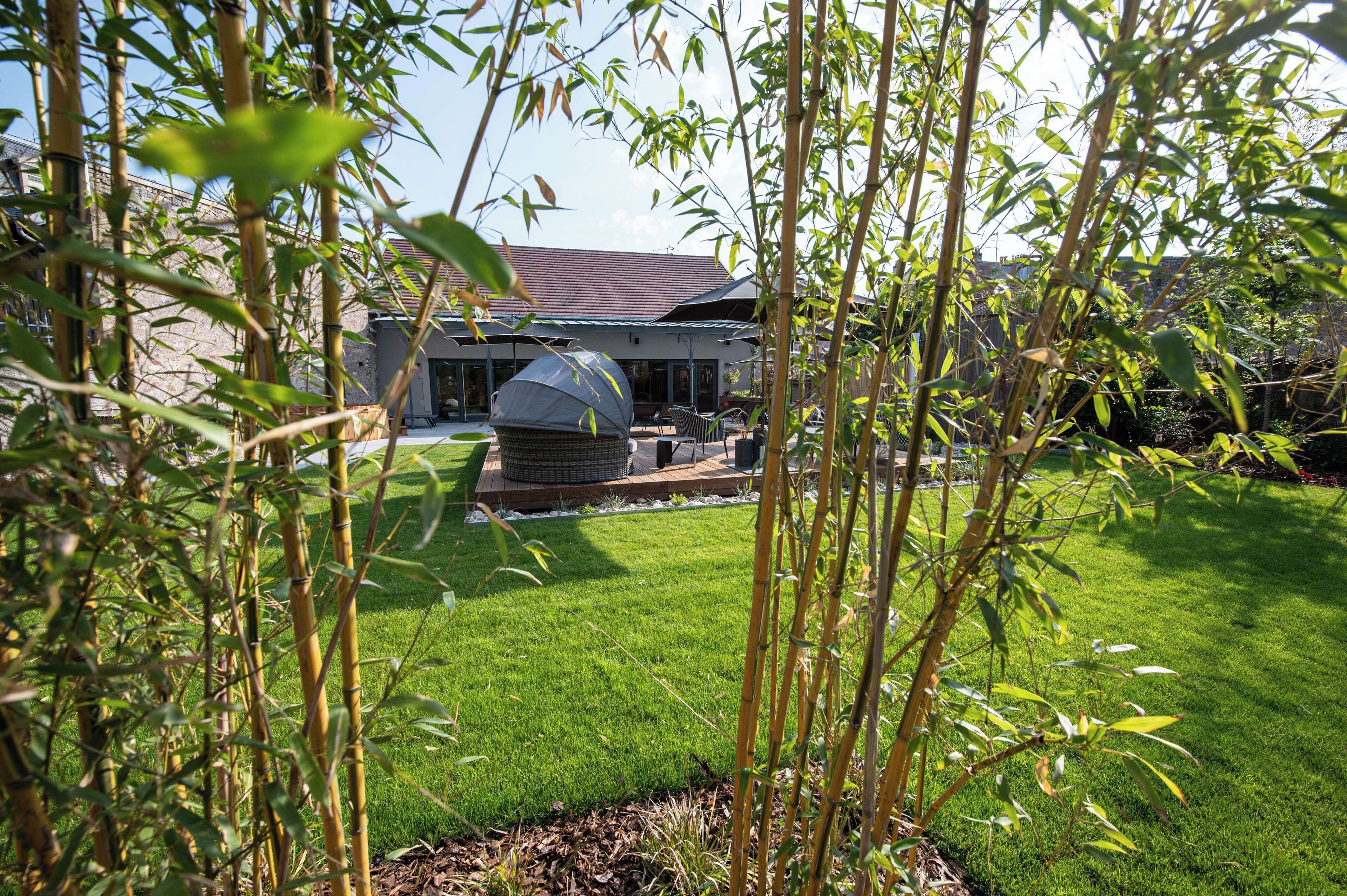 Une maison moderne dotée d’un espace extérieur couvert, d’une pelouse bien entretenue et de plantes en bambou.