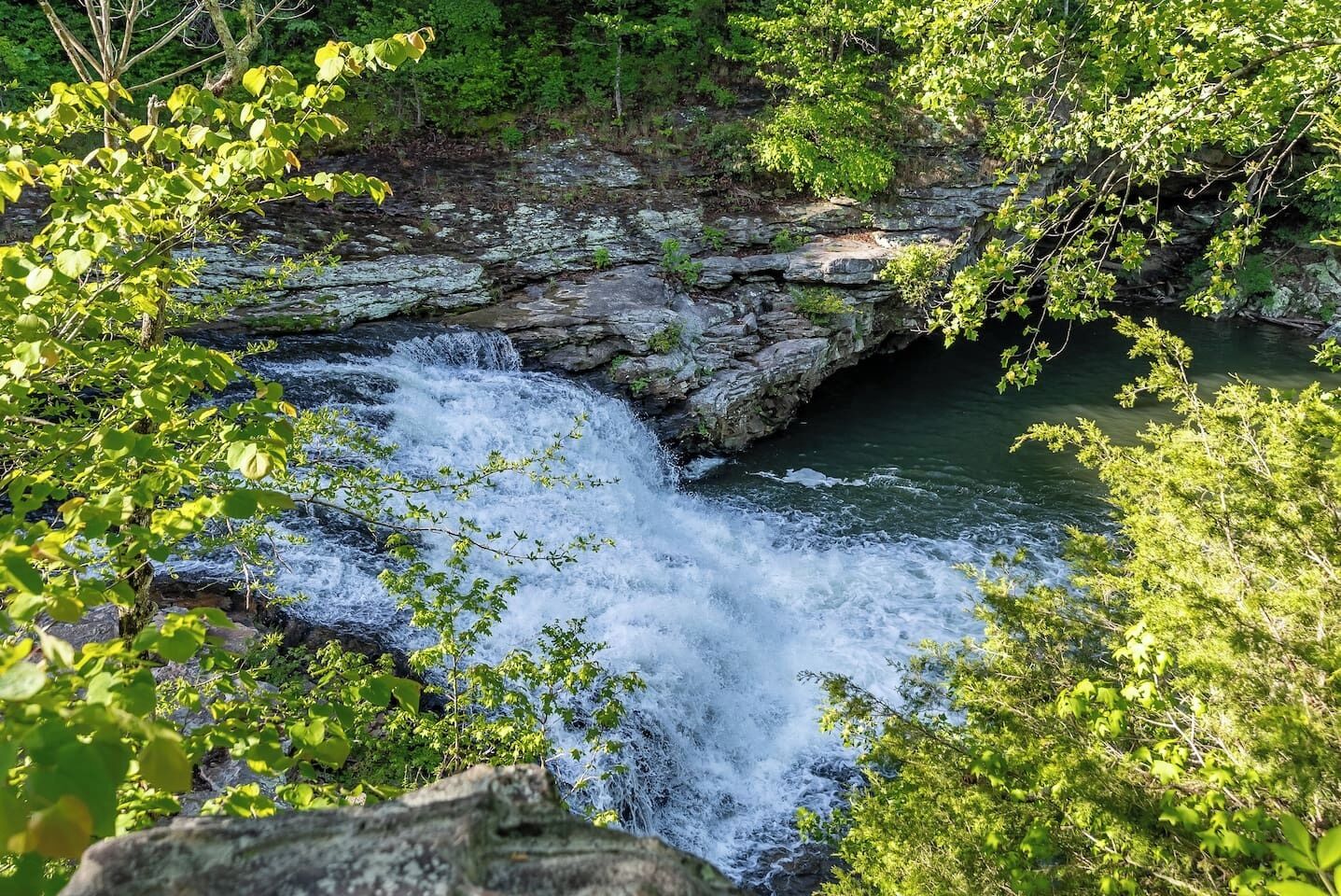 Een waterval stort neer over rotsachtig terrein, omgeven door weelderige begroeiing.