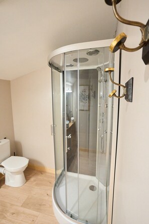 Douche, séchoir à cheveux, serviettes fournies, papier de toilette