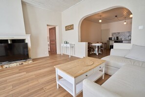 Smart TV, lareira, livros