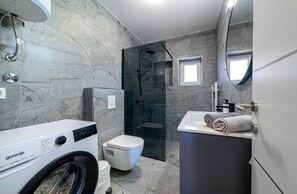 Shower, hair dryer, towels