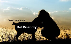 A silhouette of a person embracing a dog against a sunset sky. - Smoky Mountain Cabin w/ Hot Tub & View | Private - Cherokee & Bryson City (Whittier)