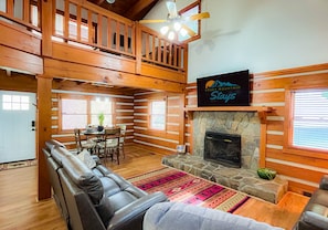 Smart TV, fireplace, foosball