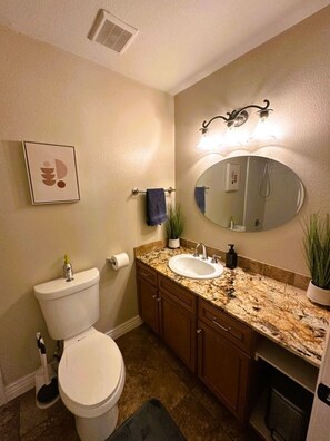 Shower, towels, soap, shampoo