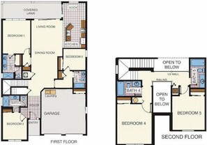 Layout di un appartamento su due piani, con soggiorno, sala da pranzo, cucina e diverse camere da letto.